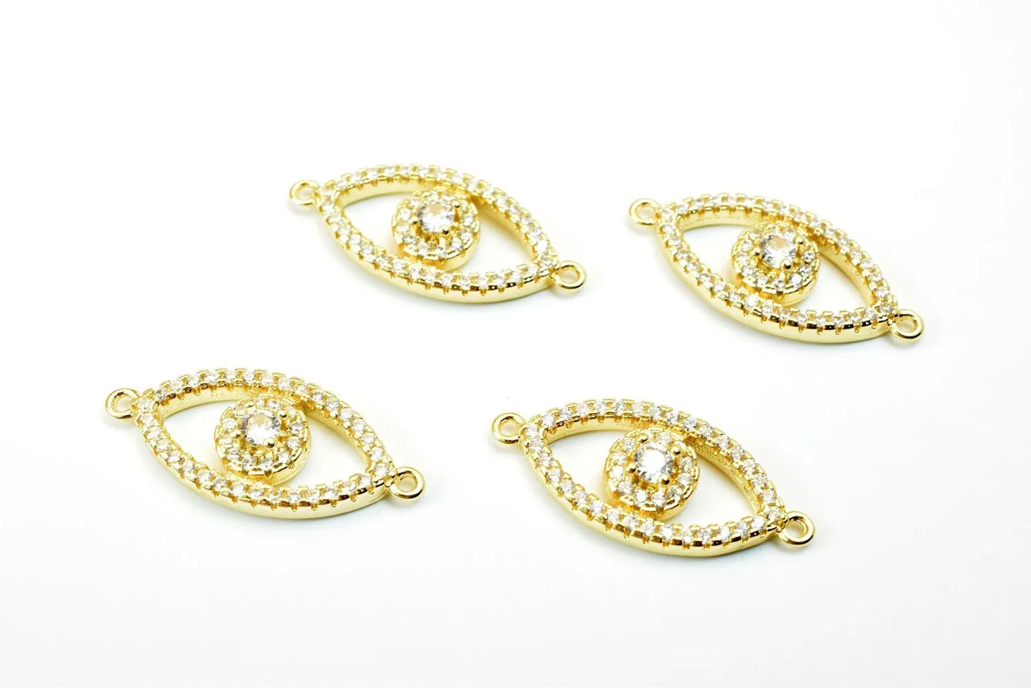 14K Gold Filled Evil Eye Charm, Clear CZ Micro Pave Rhinestone Connector for Jewelry Design