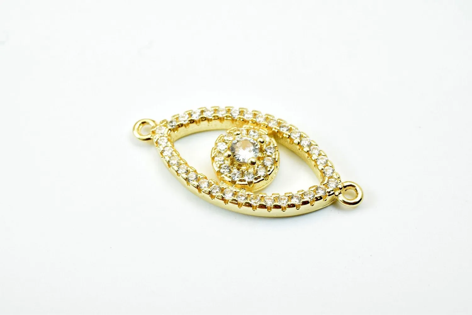 14K Gold Filled Evil Eye Charm, Clear CZ Micro Pave Rhinestone Connector for Jewelry Design