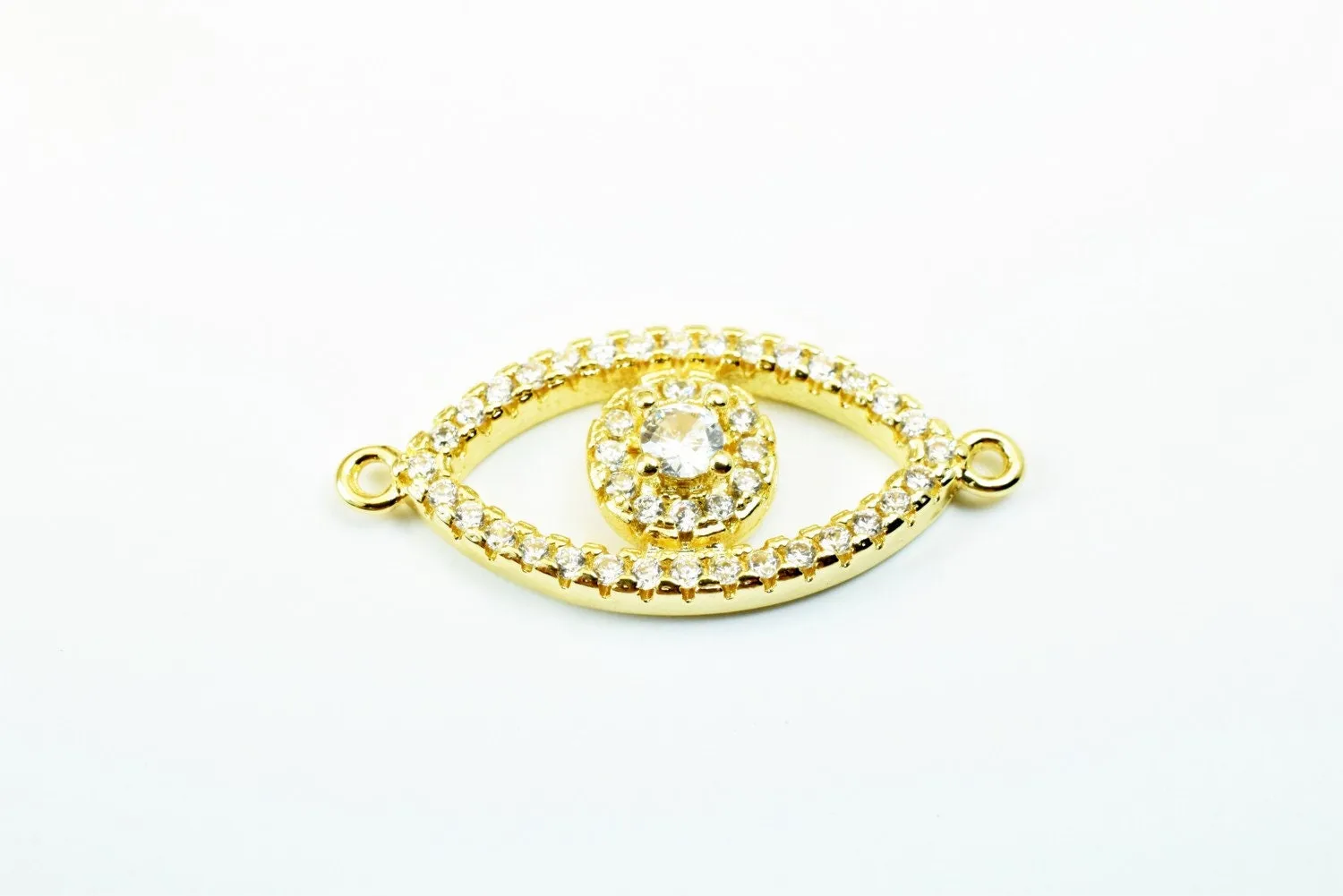 14K Gold Filled Evil Eye Charm, Clear CZ Micro Pave Rhinestone Connector for Jewelry Design