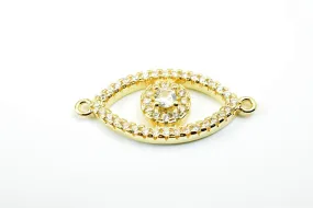 14K Gold Filled Evil Eye Charm, Clear CZ Micro Pave Rhinestone Connector for Jewelry Design