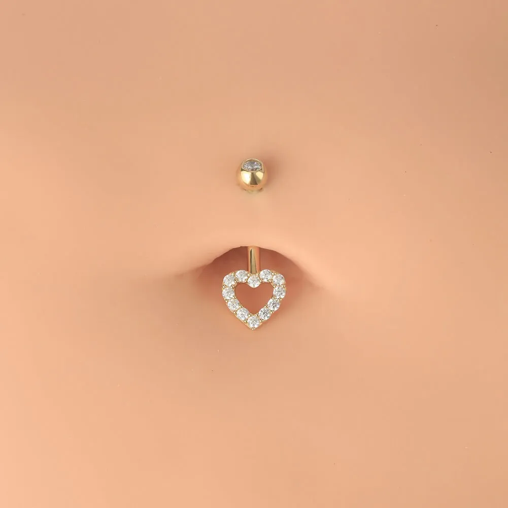 14K Gold Hollow Heart CZ Belly Button Ring 14G Belly Ring