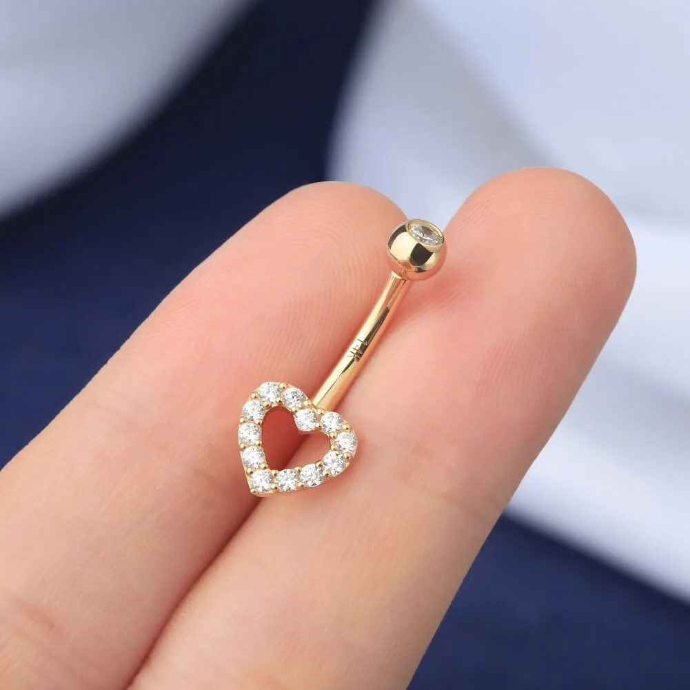 14K Gold Hollow Heart CZ Belly Button Ring 14G Belly Ring