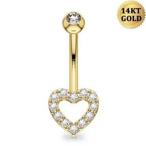 14K Gold Hollow Heart CZ Belly Button Ring 14G Belly Ring