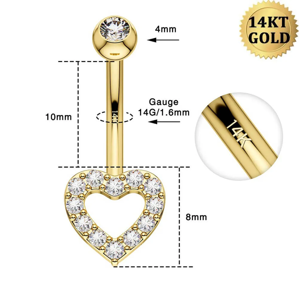 14K Gold Hollow Heart CZ Belly Button Ring 14G Belly Ring