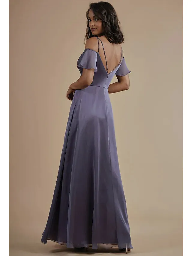 A-Line Bridesmaid Dress Spaghetti Strap Short Sleeve Open Back Floor Length Chiffon with Beading  Split Front