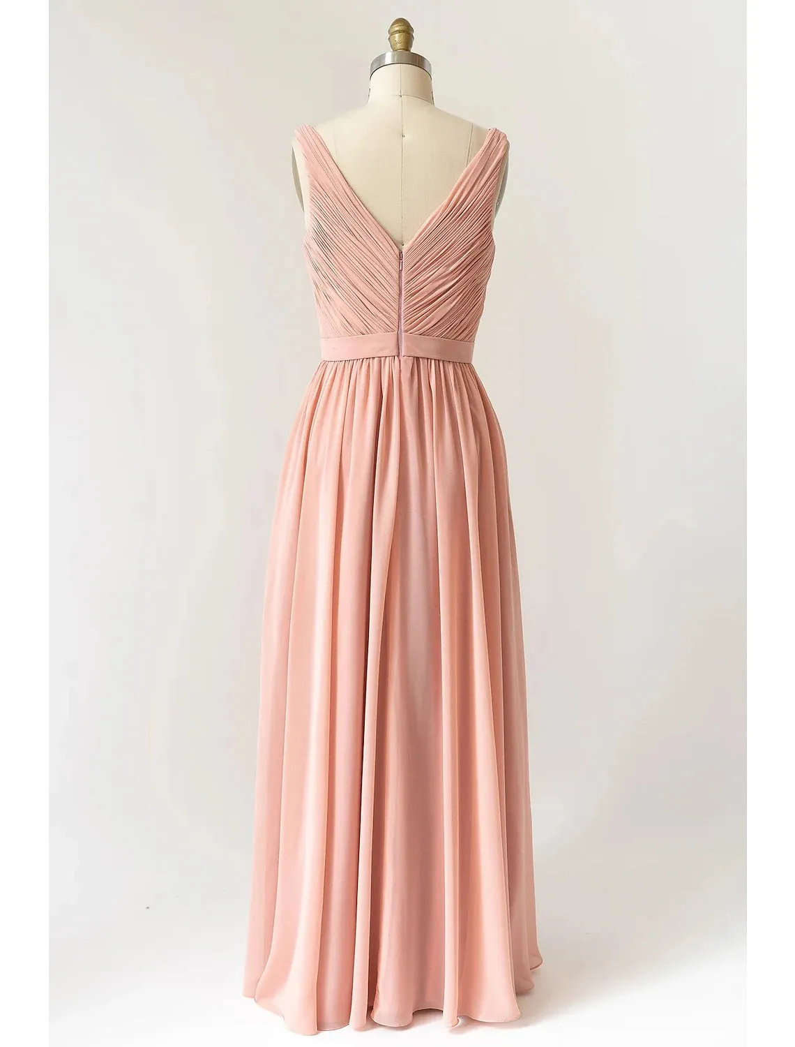 A-Line Bridesmaid Dress V Neck Sleeveless Open Back Floor Length Chiffon with Pleats