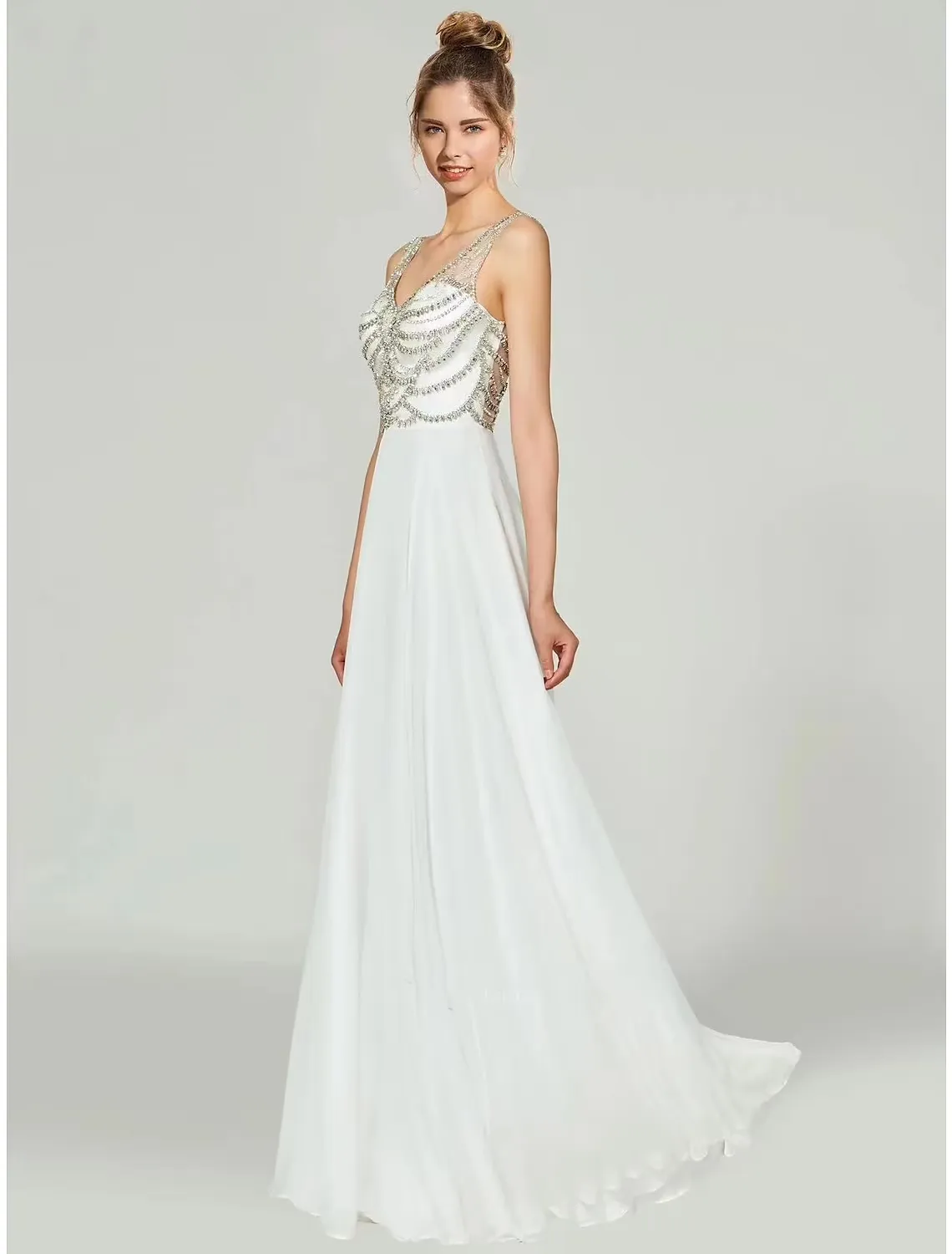 A-Line Evening Gown Open Back Dress Formal Floor Length Sleeveless V Neck Chiffon with Rhinestone