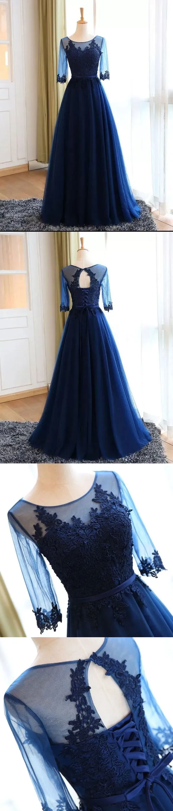 A-line  Scoop Neck  Floor-Length Tulle Appliqued Prom Dresses 2874