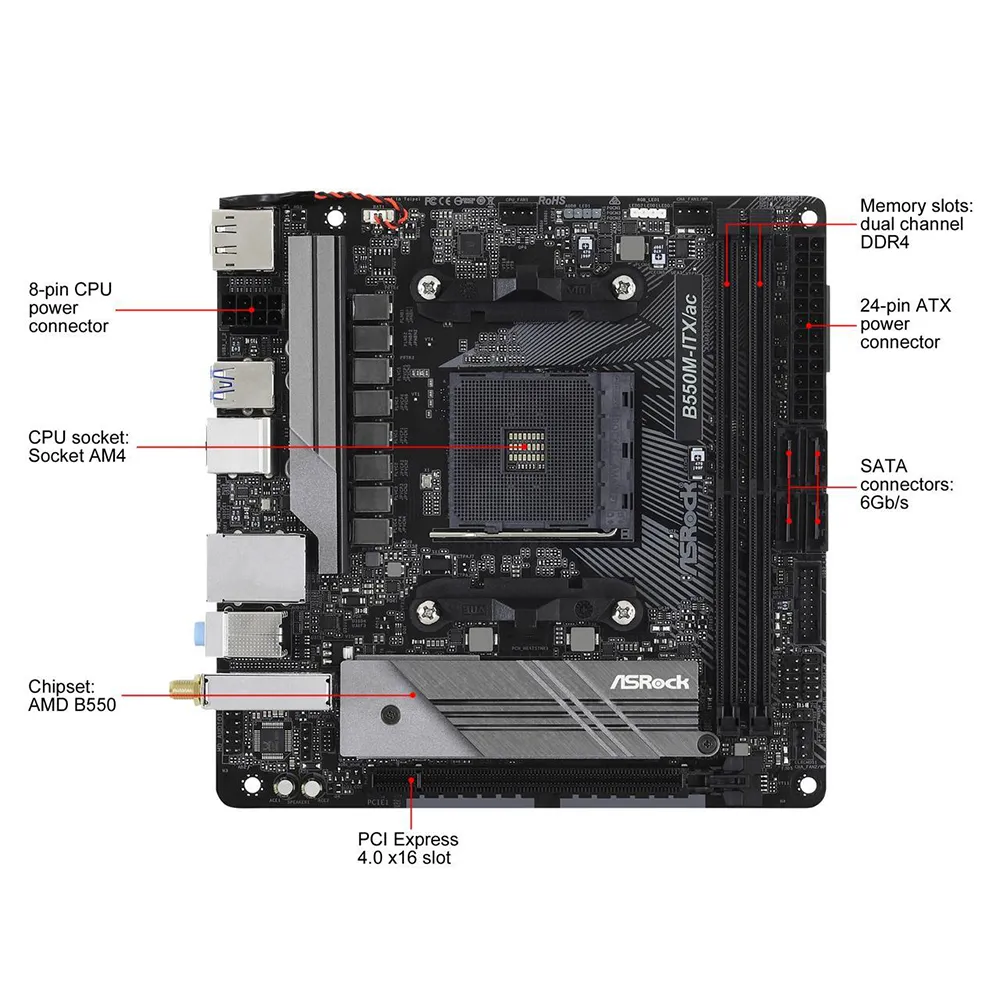 ASRock B550M-ITX/AC AMD AM4 Mini-ITX Motherboard with PCIe 4.0 Hyper M.2 and Dual Band WiFi