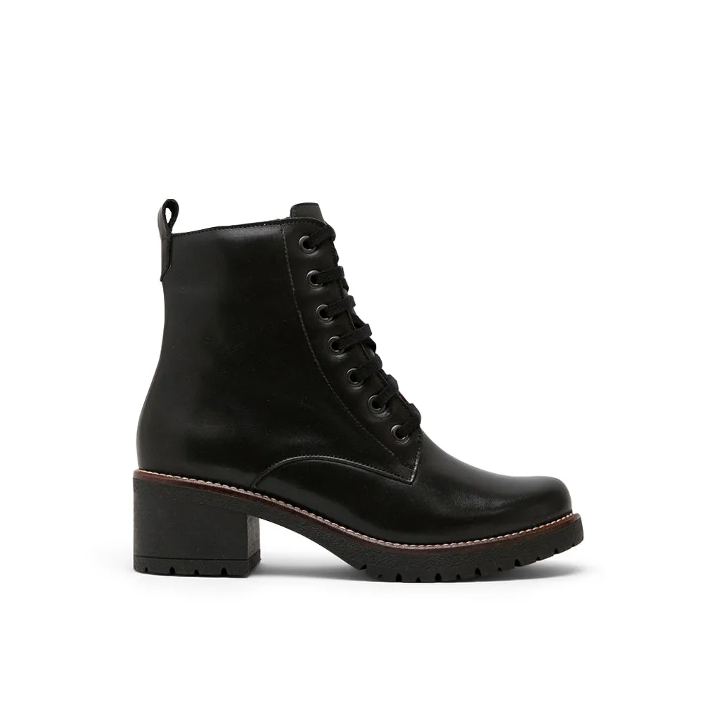 Black Leather Mid-Heel Combat boots