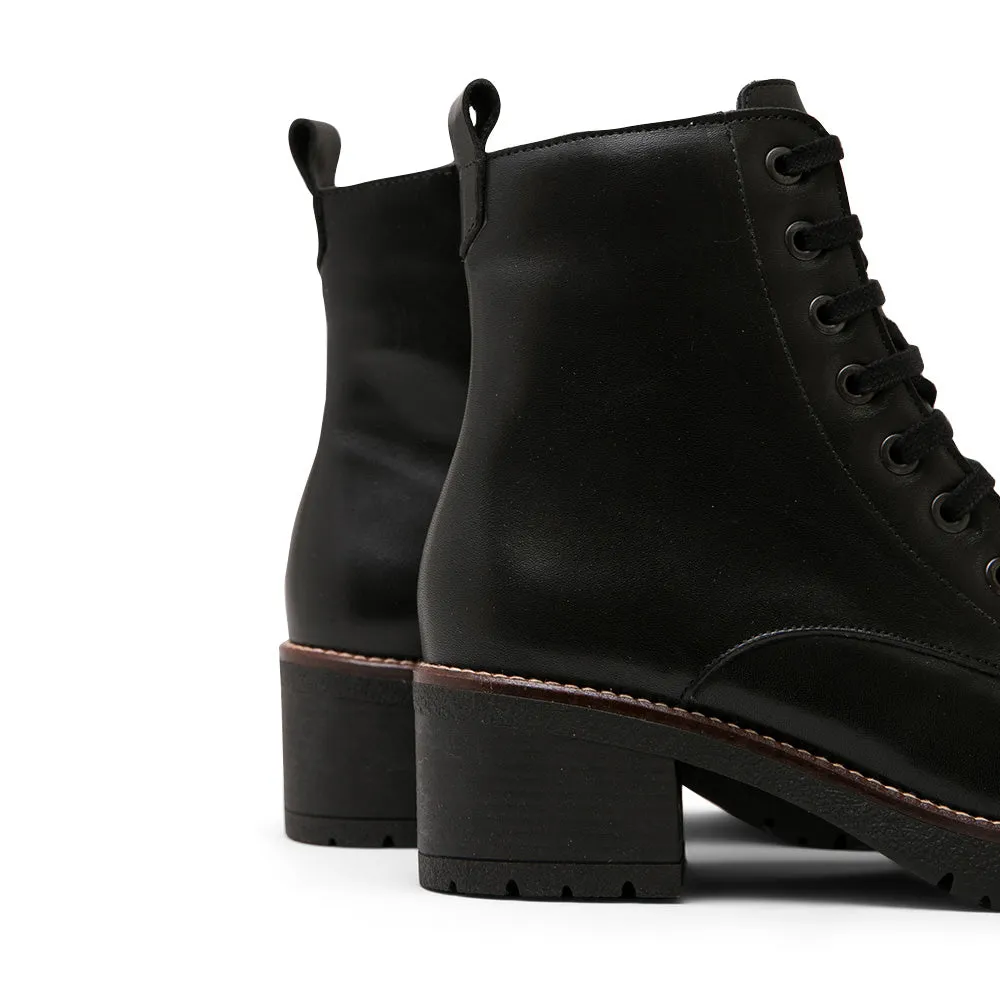 Black Leather Mid-Heel Combat boots