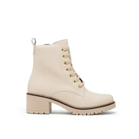 Cream Leather Mid Heel Combat boots