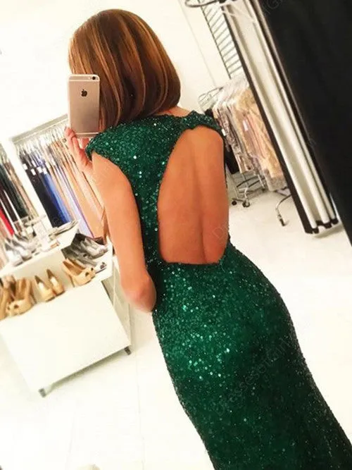 Dark Green Open Back Long Prom Dresses,Cap Sleeves Split-Front Prom Gown with Sequins,M61