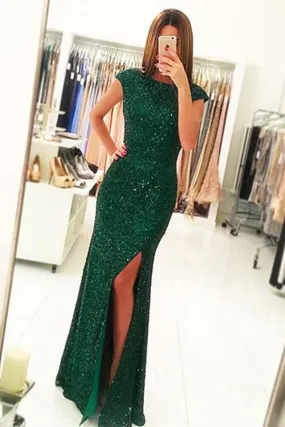 Dark Green Open Back Long Prom Dresses,Cap Sleeves Split-Front Prom Gown with Sequins,M61