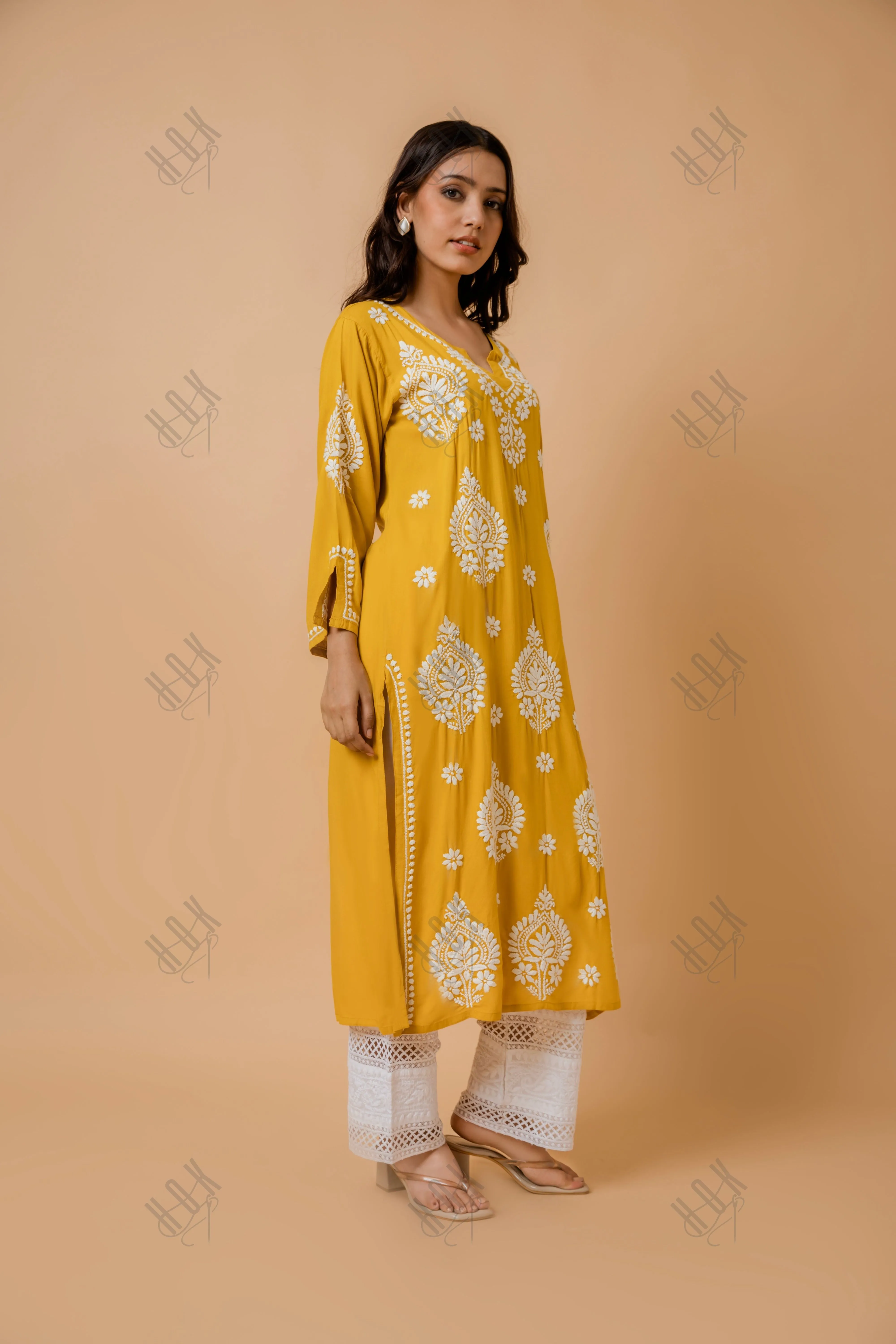 Fizaa Rayon Cotton Chikankari Kurta - Mustard