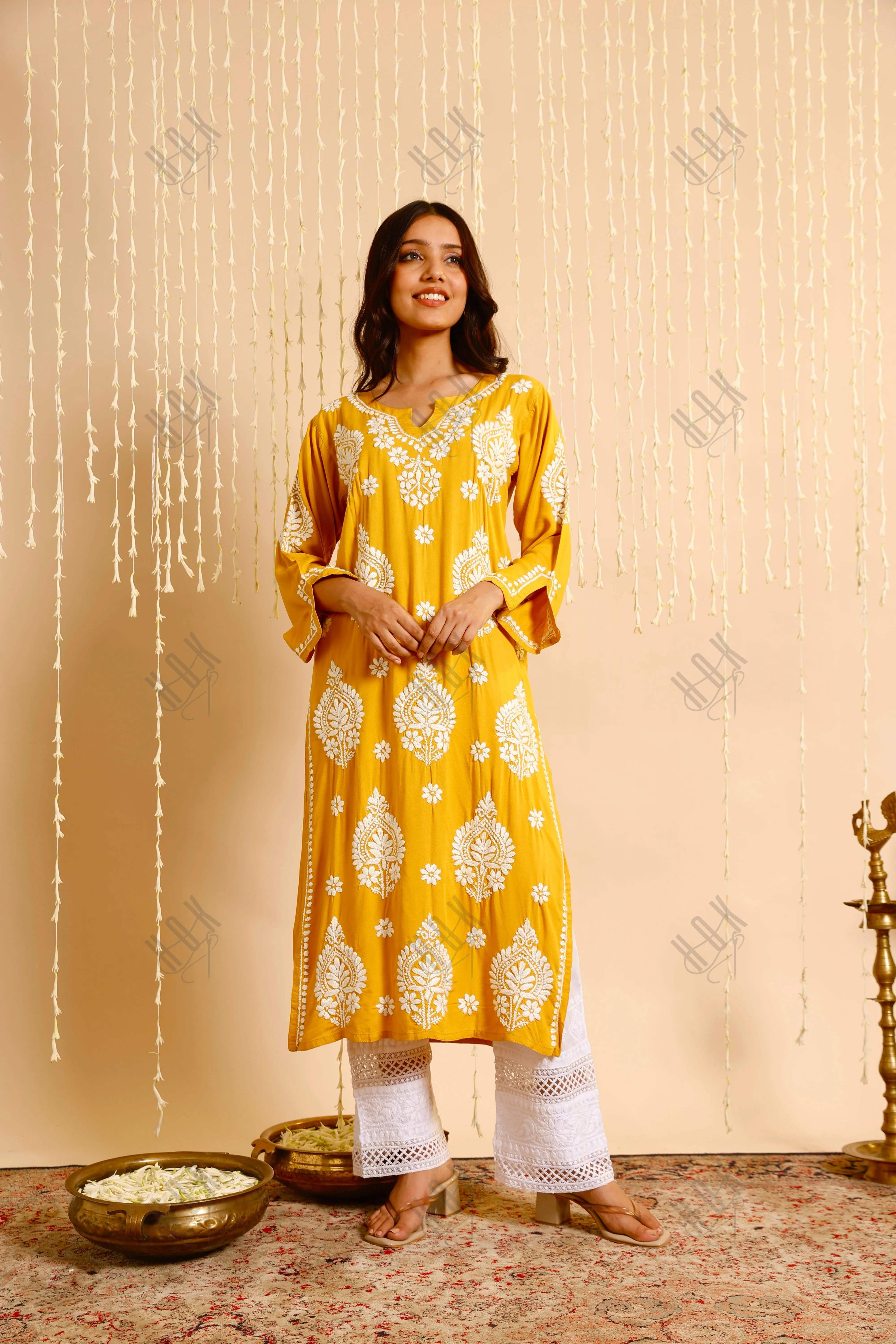 Fizaa Rayon Cotton Chikankari Kurta - Mustard