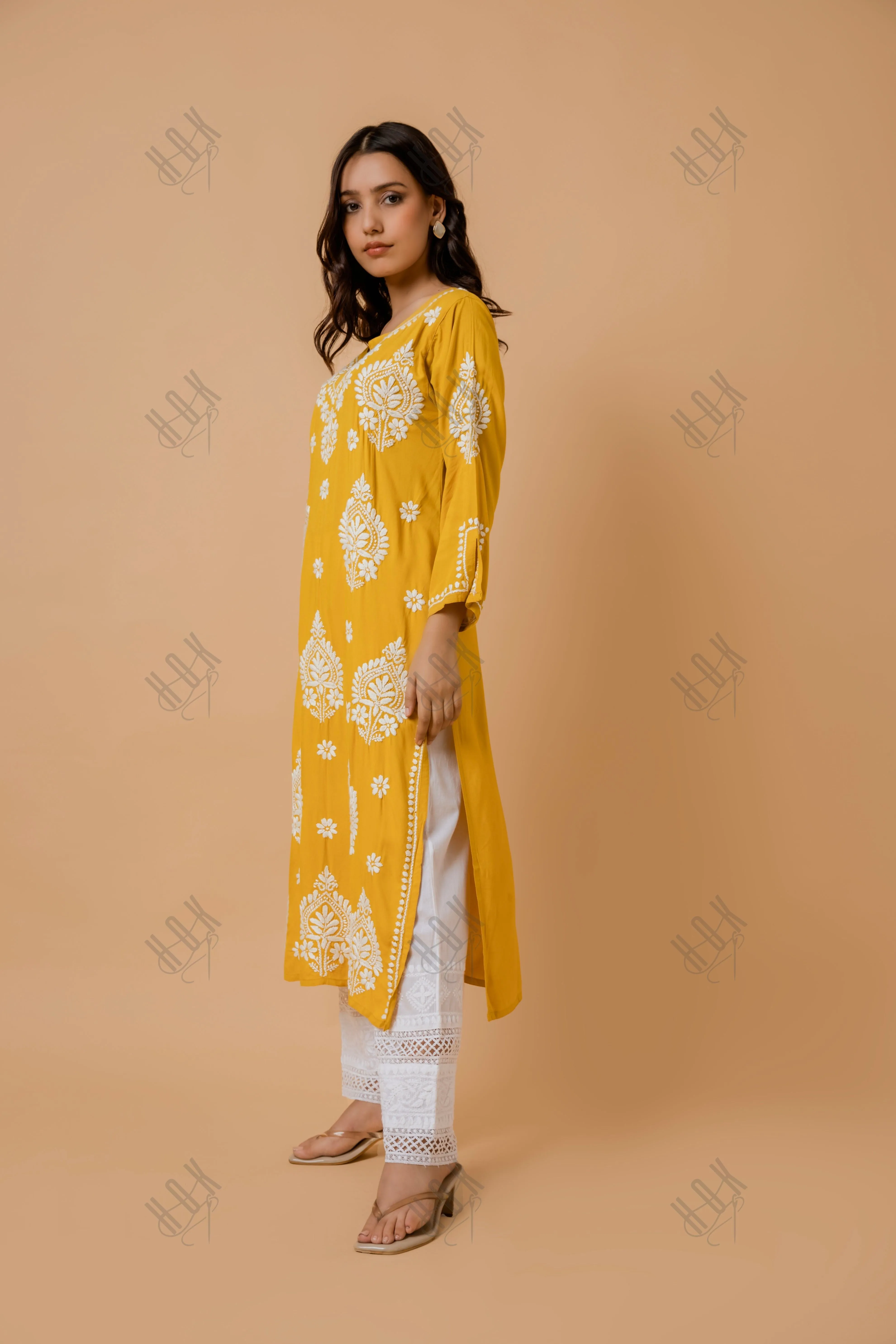 Fizaa Rayon Cotton Chikankari Kurta - Mustard