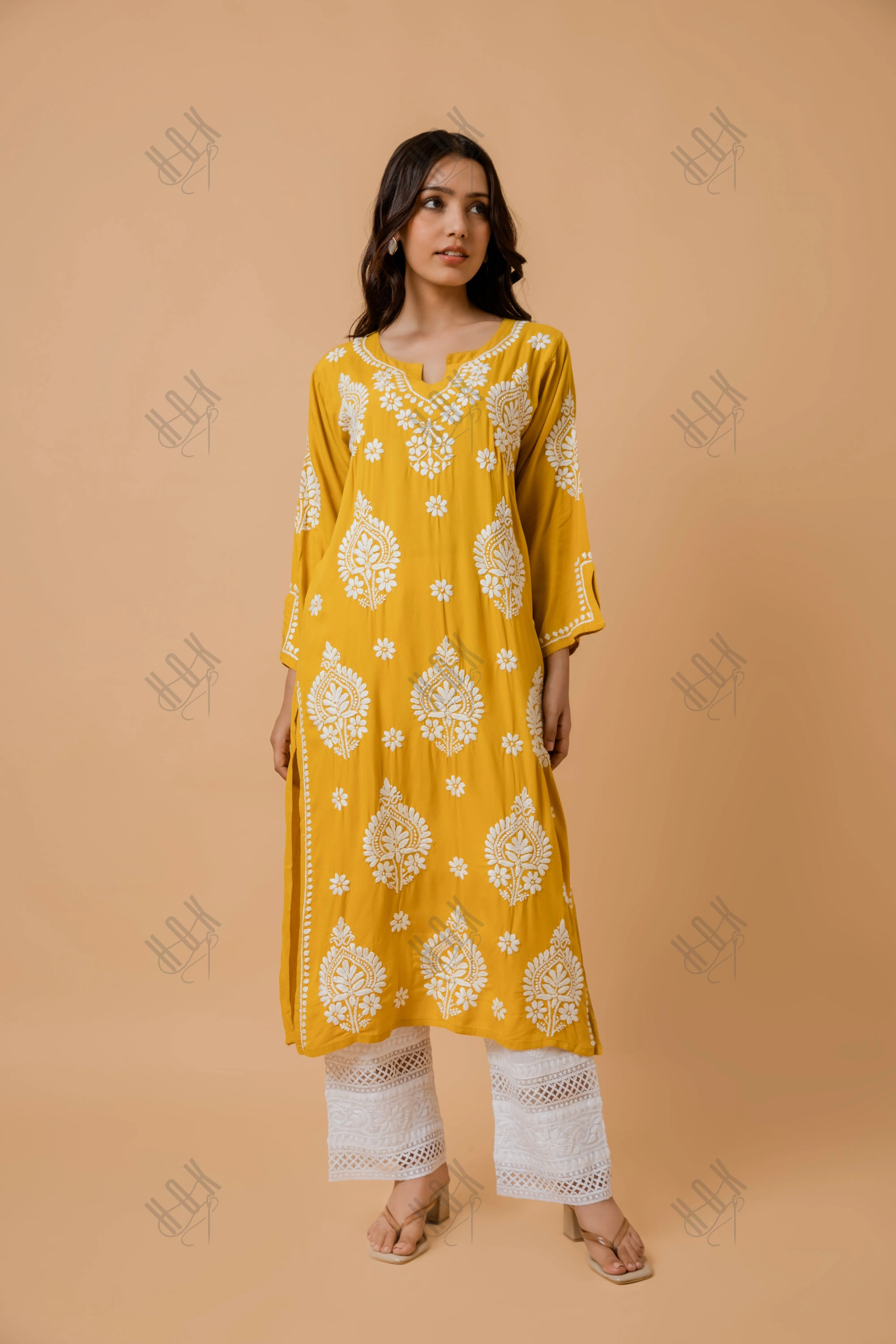 Fizaa Rayon Cotton Chikankari Kurta - Mustard