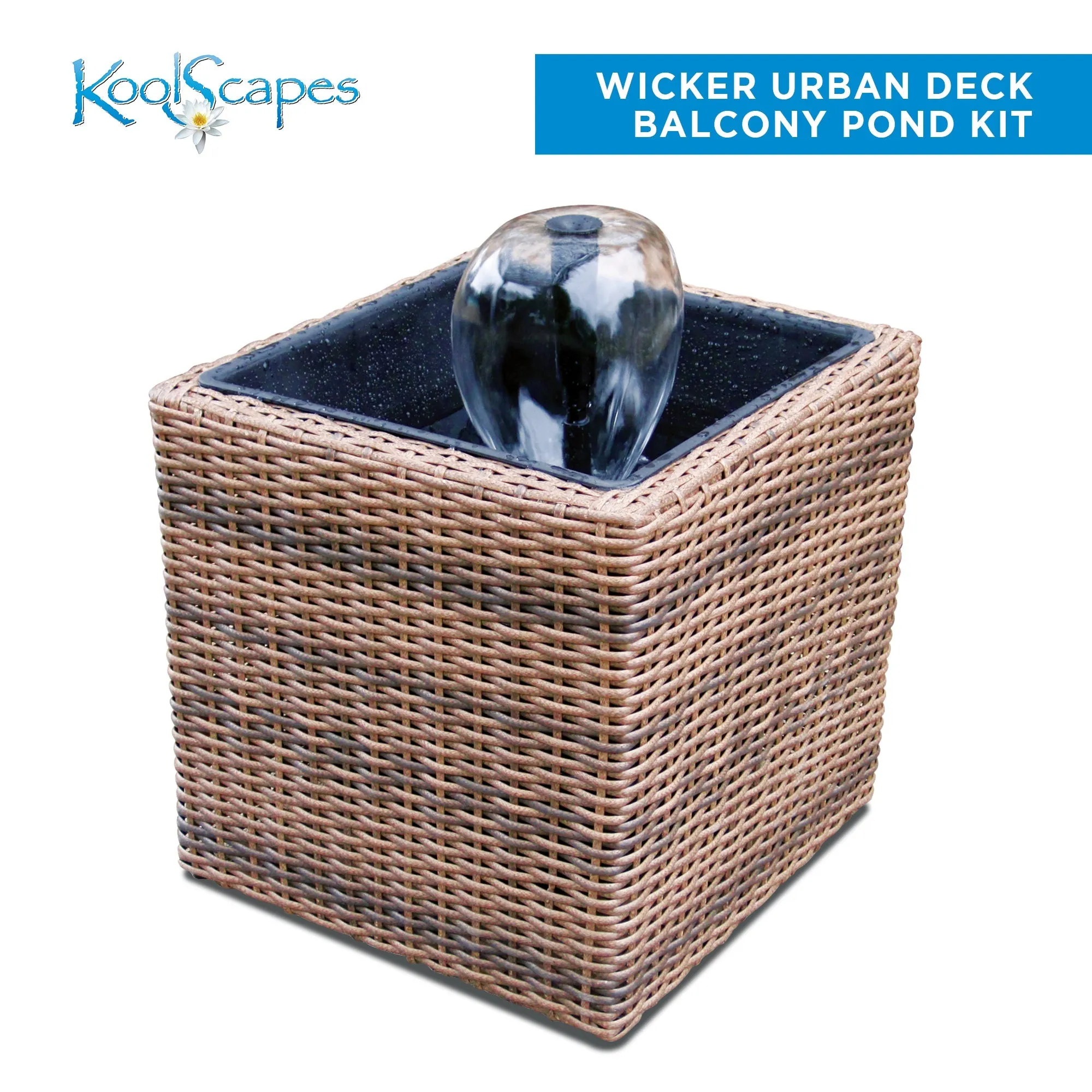 Koolscapes Wicker-Look Water Feature Mini Pond and Fountain, Brown, 200 GPH Pump, Weather Resistant Self-Contained Indoor or Outdoor Pond Kit for Deck Porch Balcony Garden Yard Pool Sunroom Patio