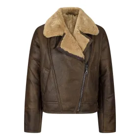 Ladies Winter 100% Real Sheepskin Leather Camel Brown Ginger Aviator Jacket