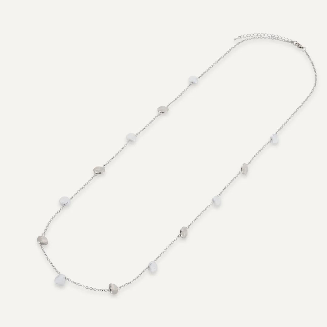 Long Faux Pearls Necklace In Silver-Tone