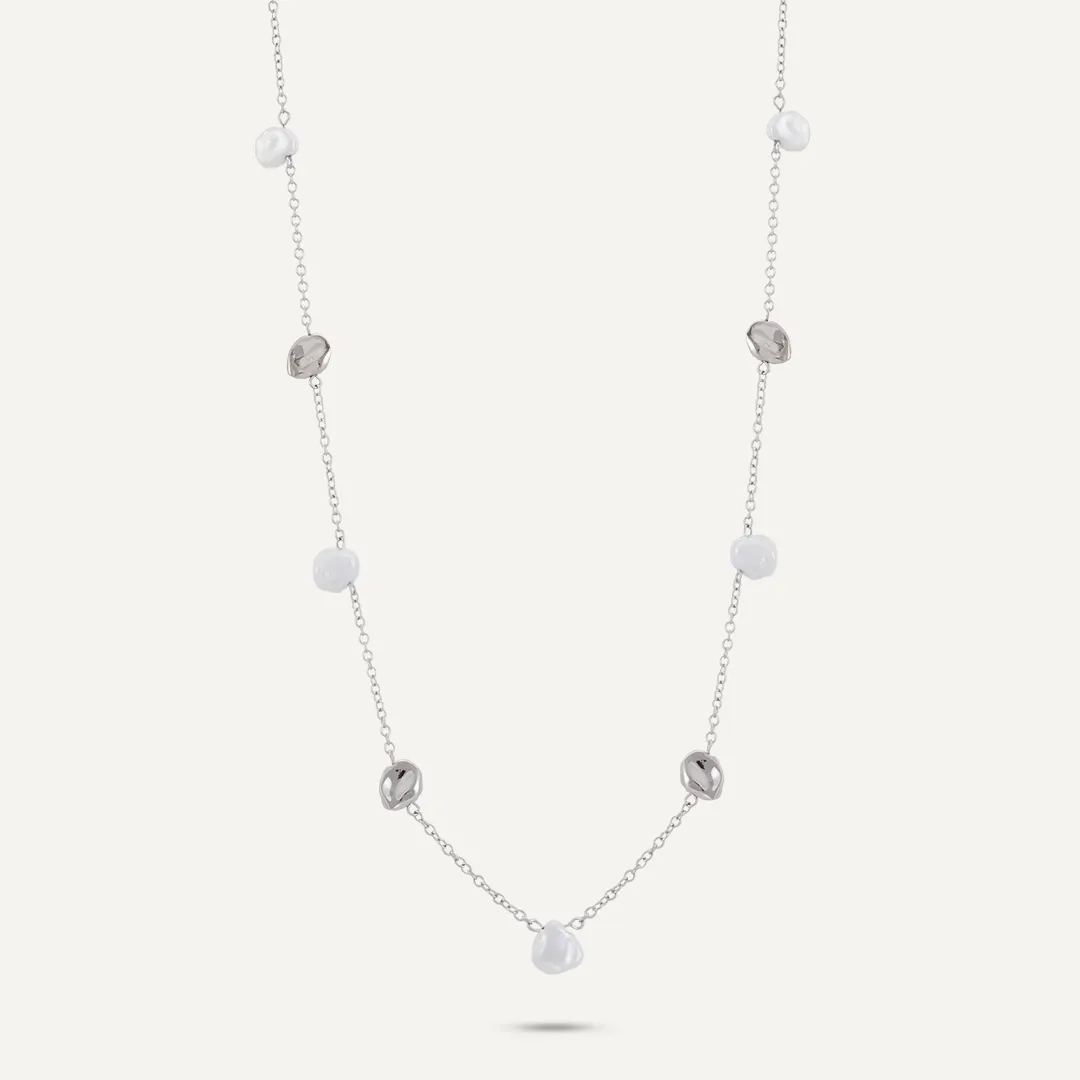 Long Faux Pearls Necklace In Silver-Tone