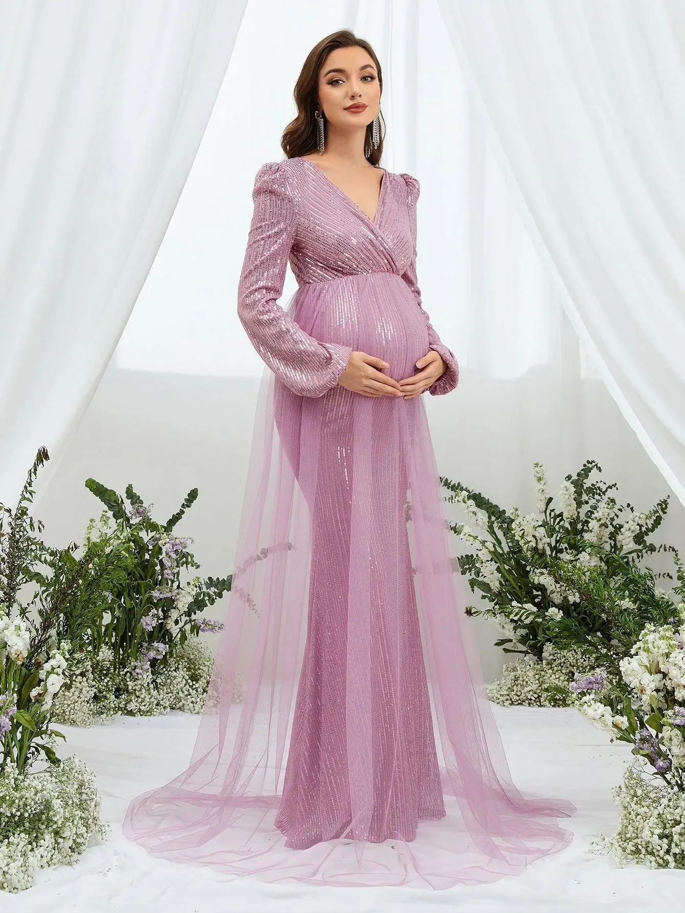 Maternity Surplice Neck Contrast Mesh Sequin Party Dress