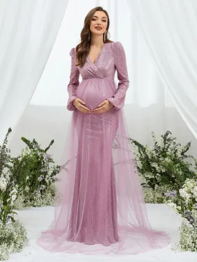 Maternity Surplice Neck Contrast Mesh Sequin Party Dress