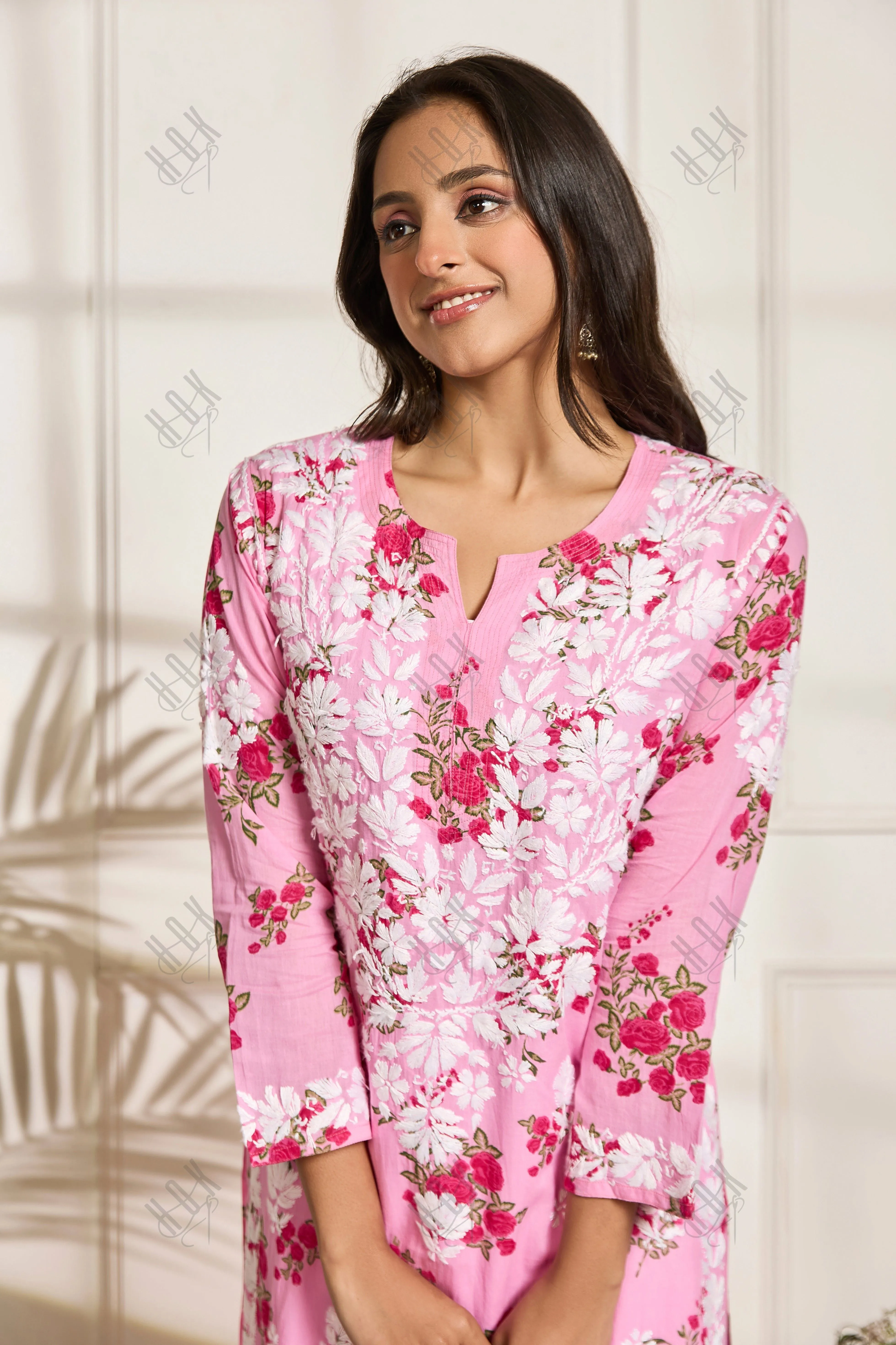 Saba Chikankari Kurta in Mul cotton in Hot Pink