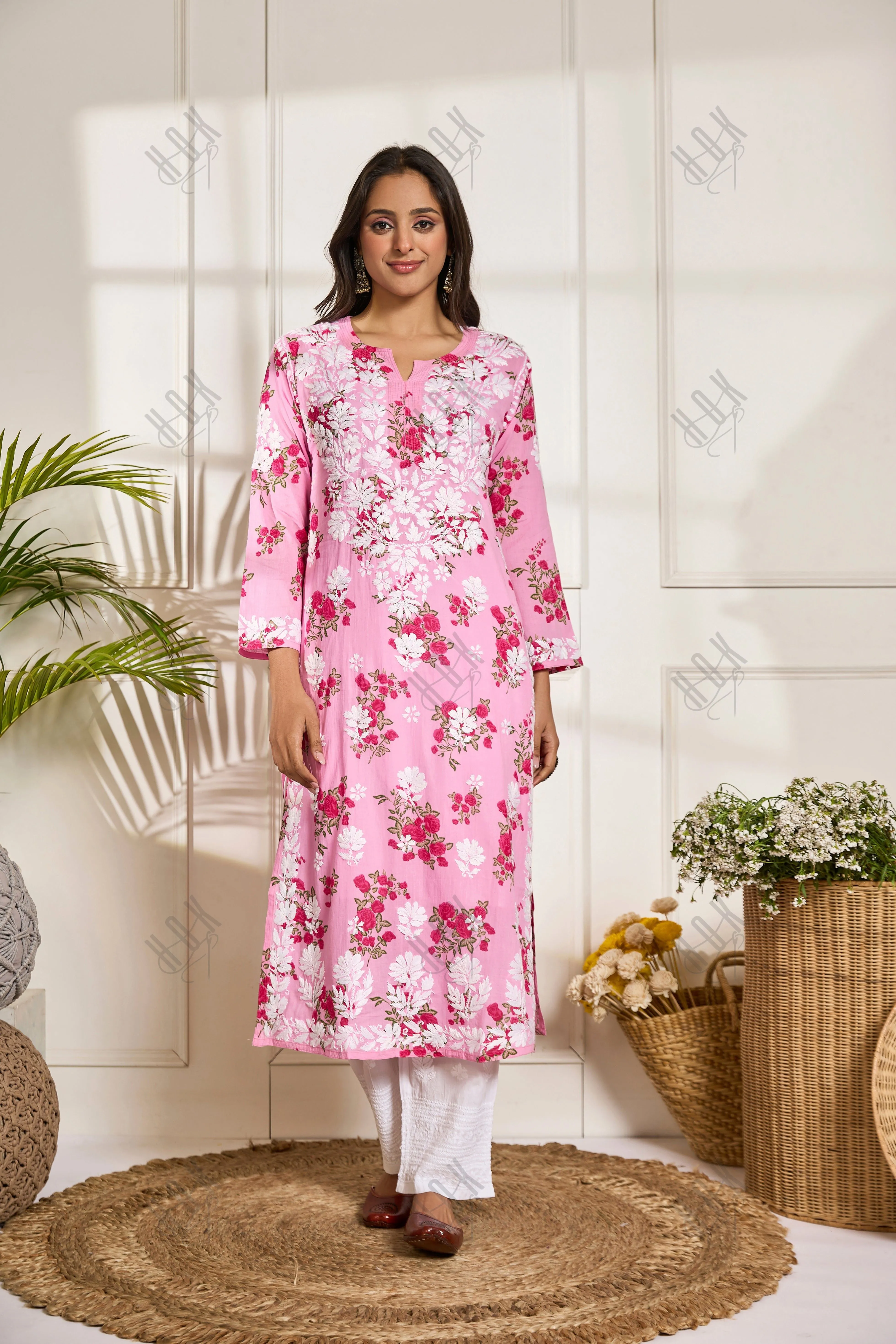 Saba Chikankari Kurta in Mul cotton in Hot Pink