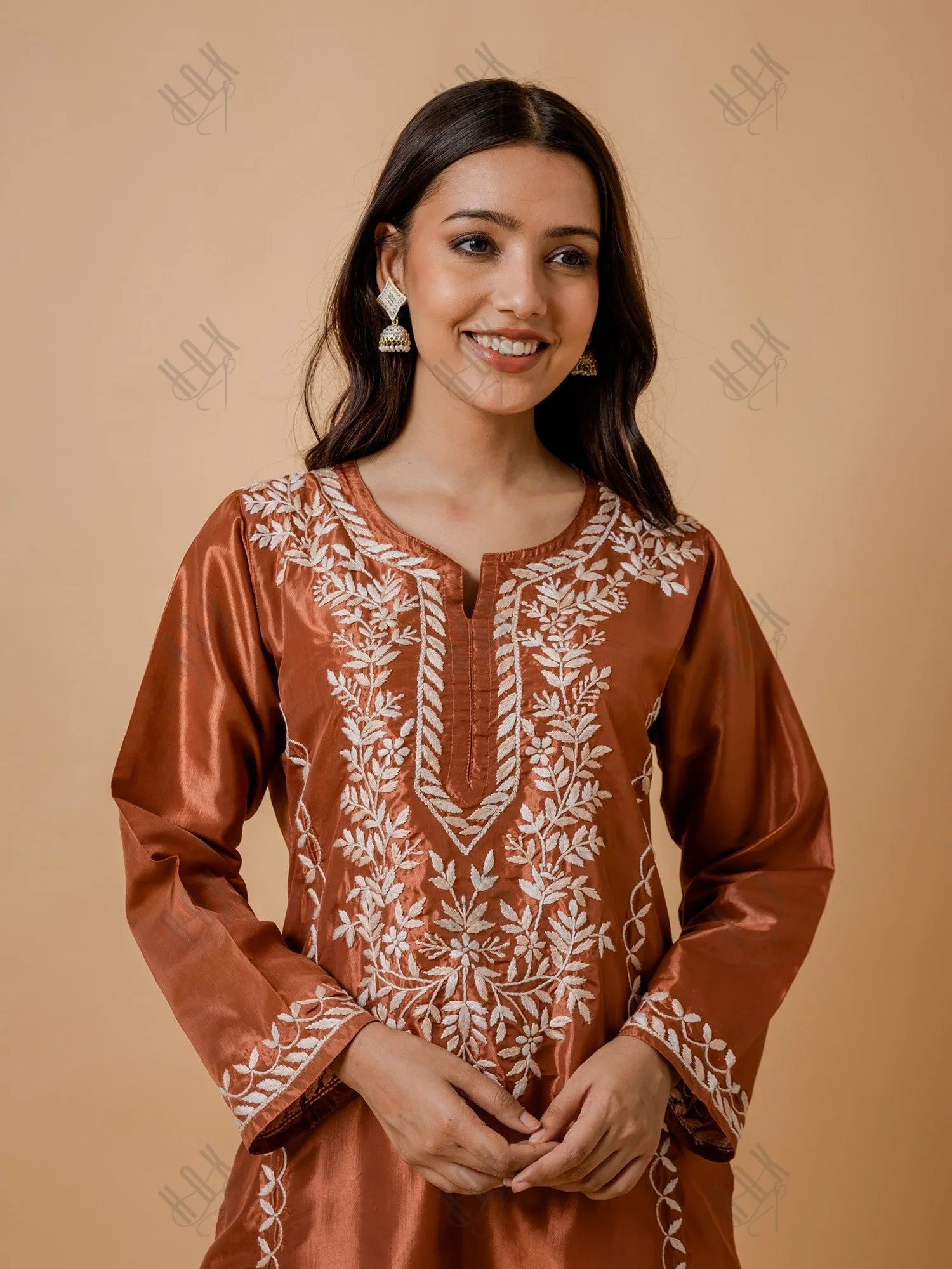 Saba Silk Chikankari Kurta Set for Women - Copper Brown