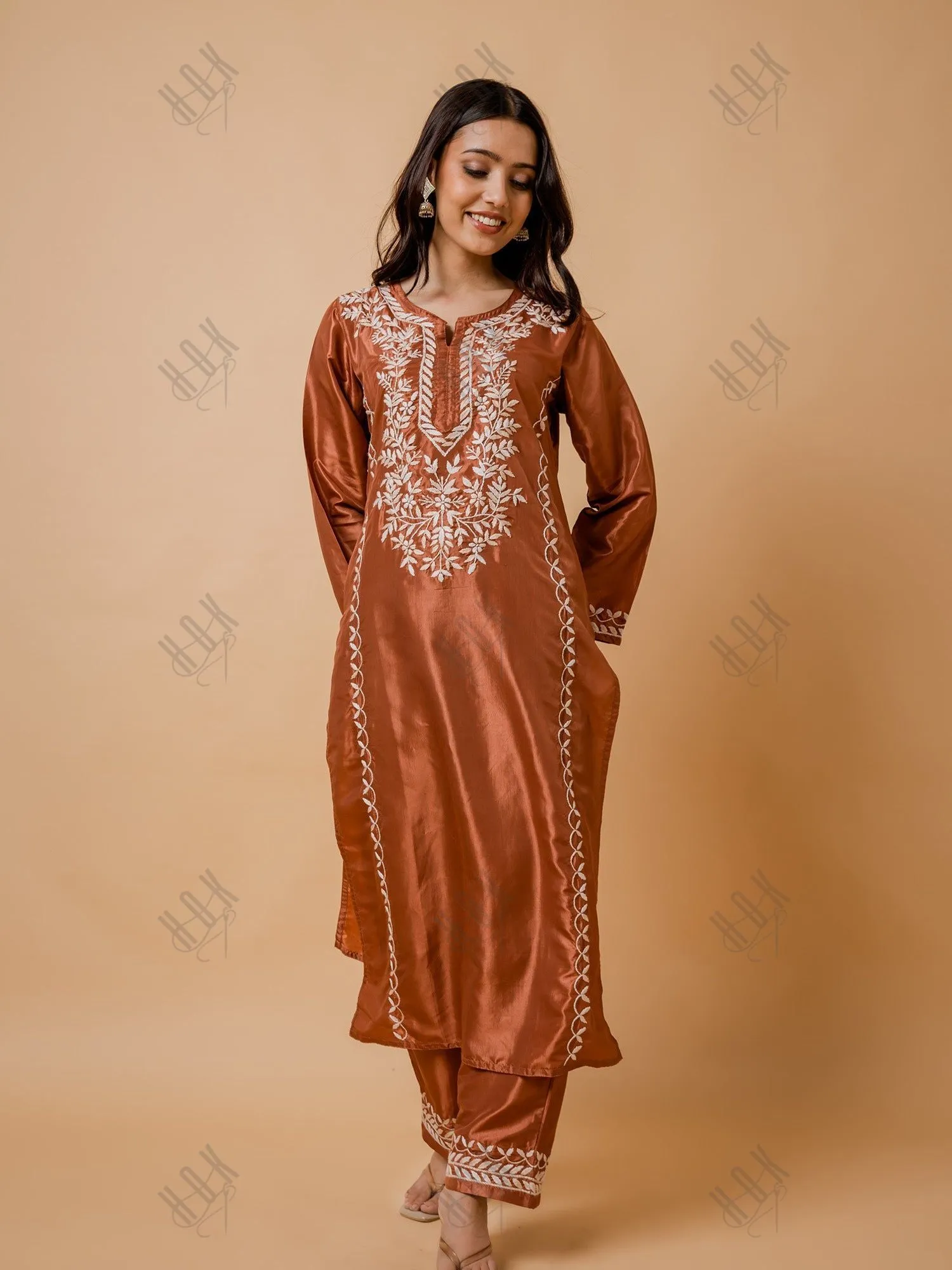 Saba Silk Chikankari Kurta Set for Women - Copper Brown