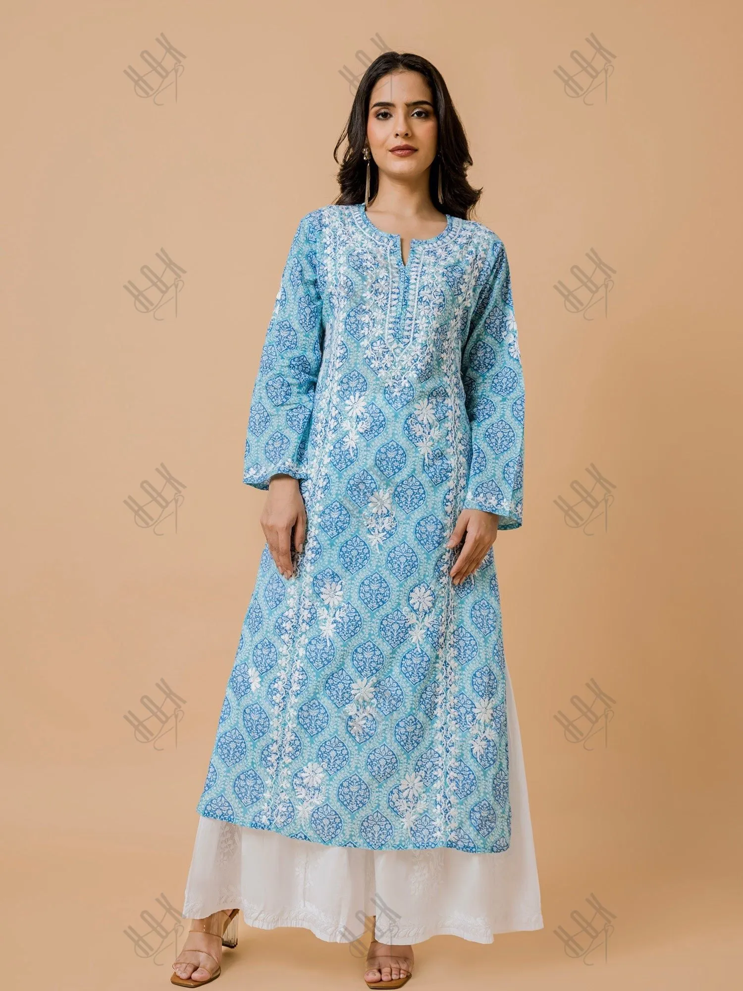 Shreya in Fizaa Chikankari Kurta in Mul cotton in Blue Print