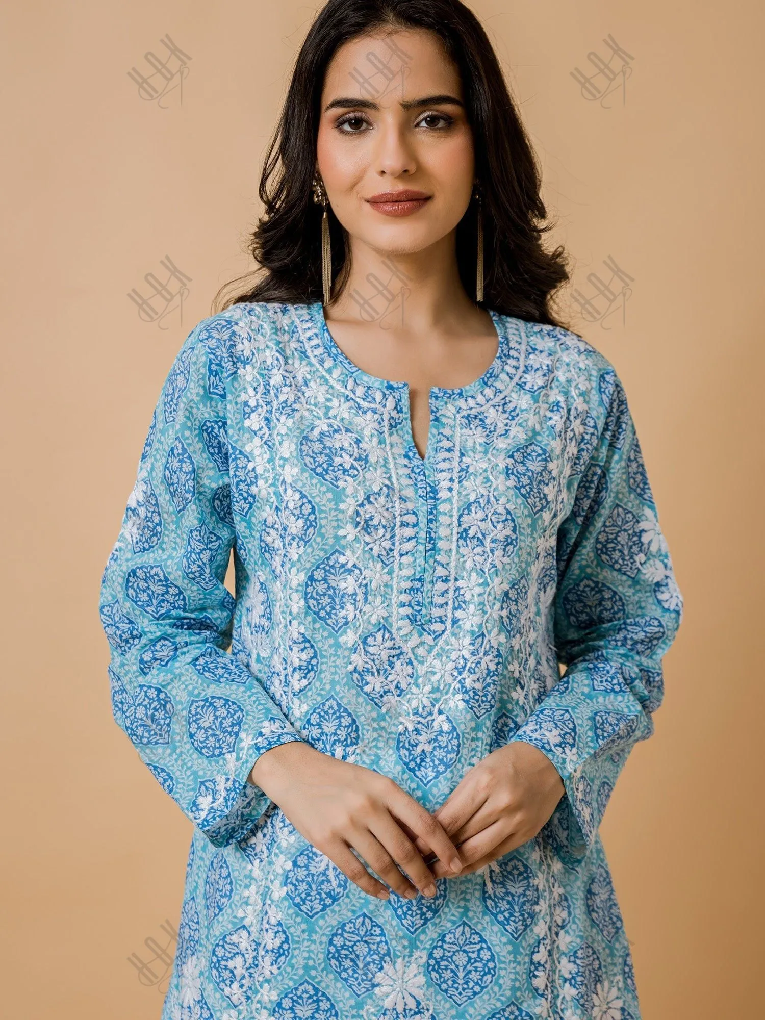 Shreya in Fizaa Chikankari Kurta in Mul cotton in Blue Print