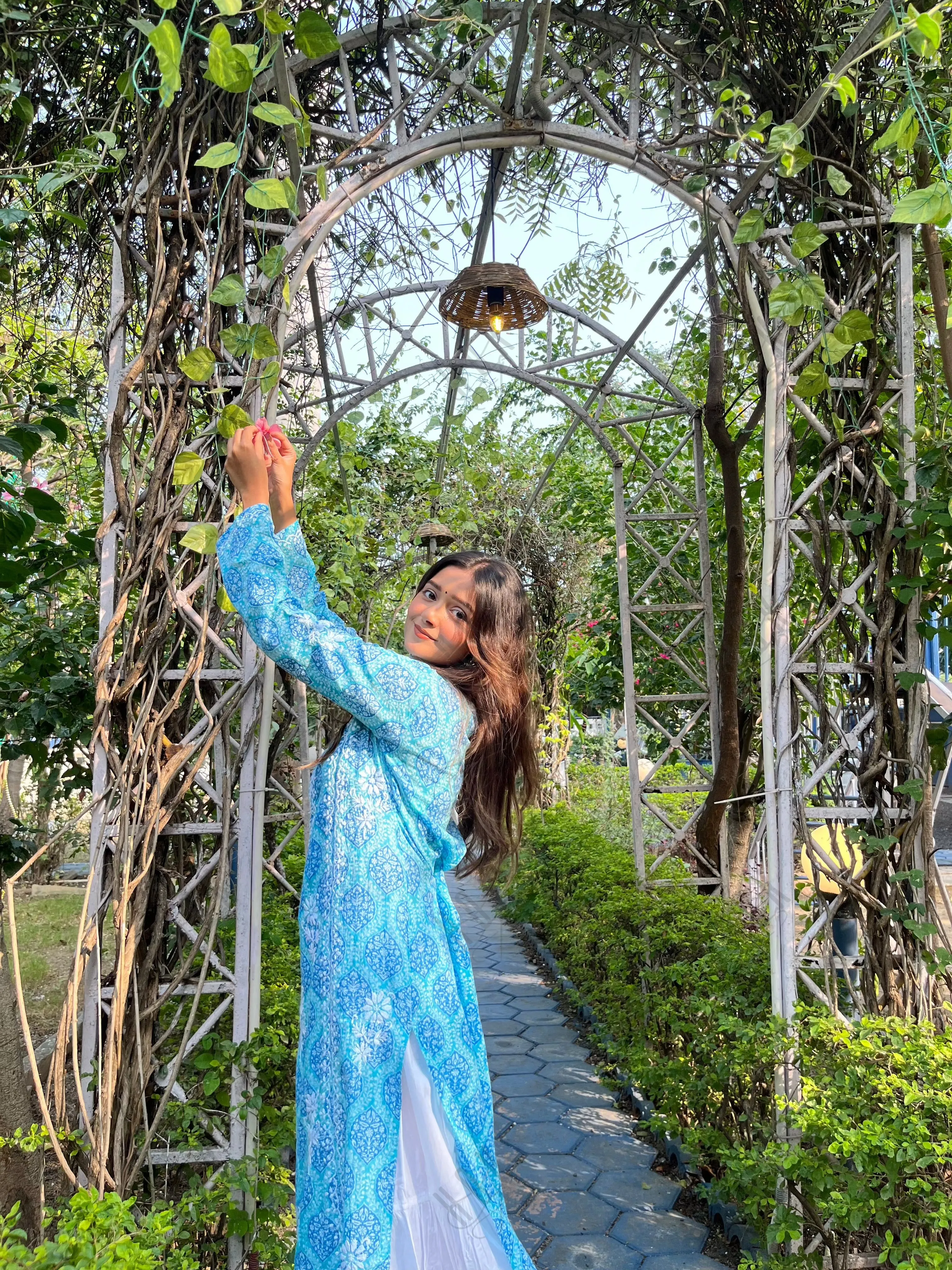 Shreya in Fizaa Chikankari Kurta in Mul cotton in Blue Print