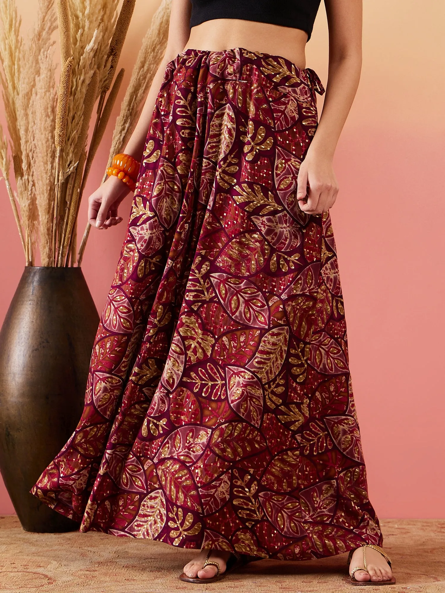 Wine Maroon Leaf Print Foil Skirt