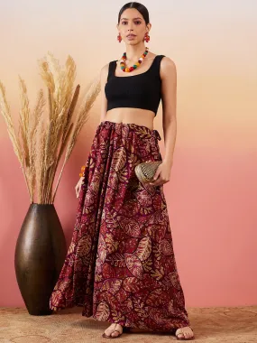 Wine Maroon Leaf Print Foil Skirt