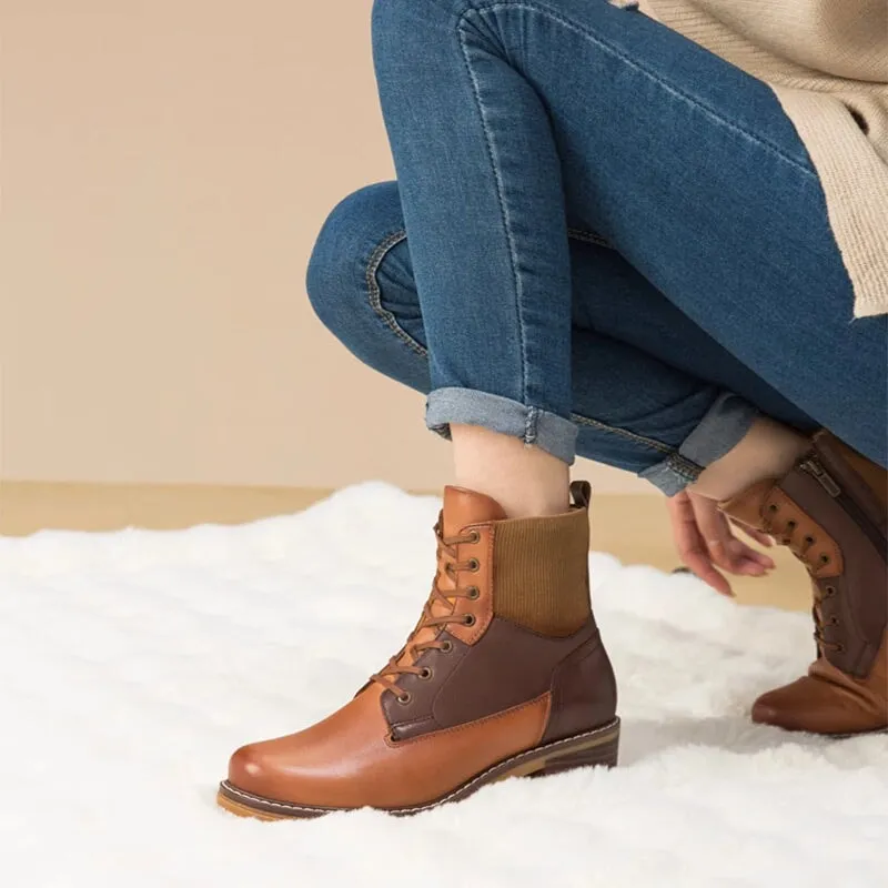 Women's Handmade Full Grain Leather 50mm Block Heel Lace-up Ankle Boot in Black/Brown